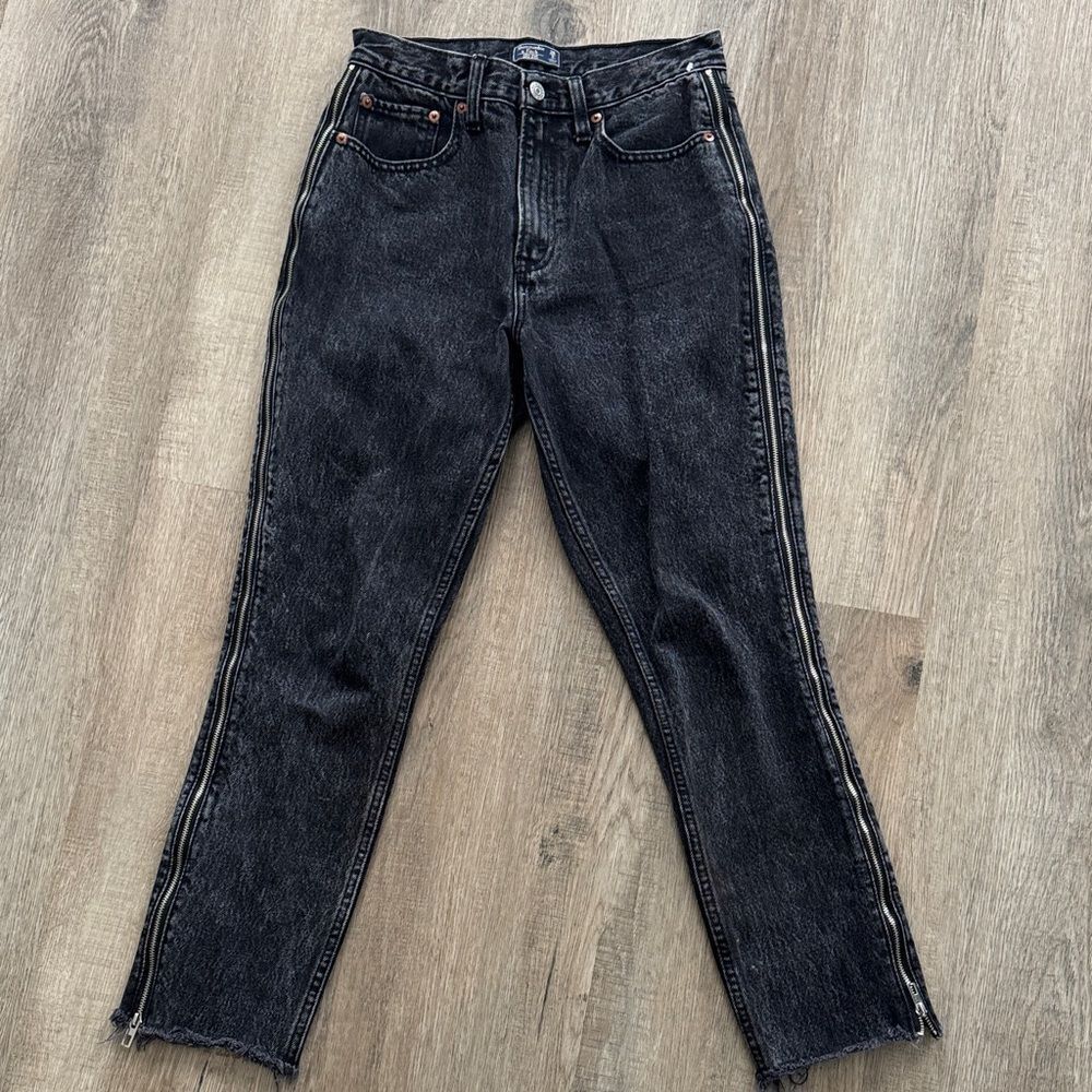Abercrombie & Fitch Dark Gray Women's High Rise Mom Jeans with Zipped sides